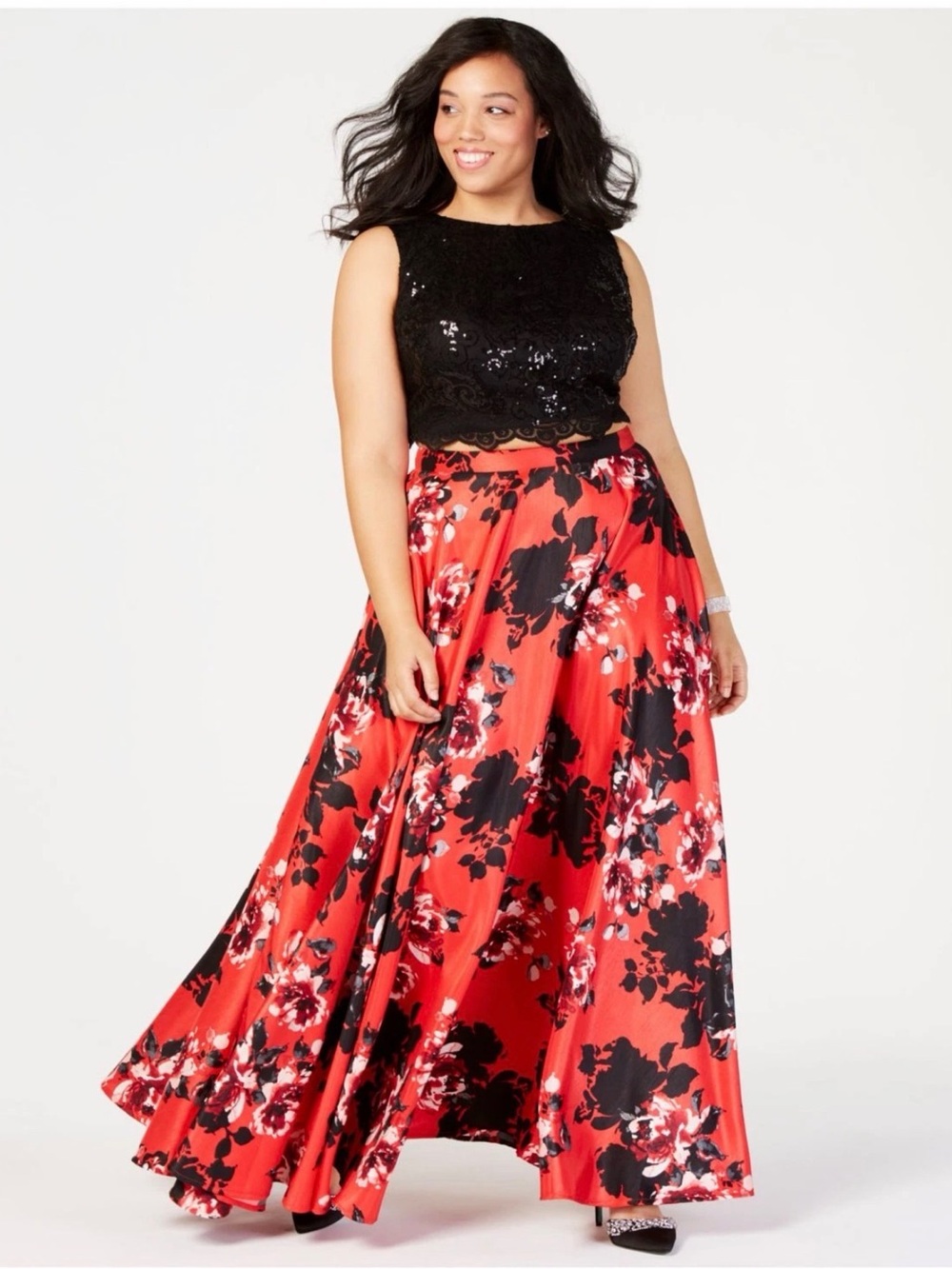 City Studio 2Pc Prom Formal Gown Lace Sequin Red Rose Satin Maxi Skirt 16W NWT